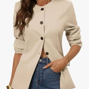 ELLEVEN Women’s Round Neck Slim Fit Blazers, Business Casual Long Sleeve Blazer